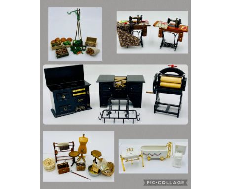 A collection of dolls house furniture and accessories including a ceramic bathroom suite, kitchen stoves, sewing machines, be