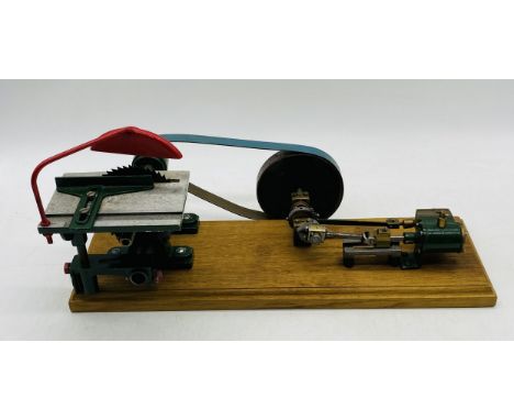 A vintage live steam engine with miniature Picador band saw, mounted on wooden plinth - overall length 48cm