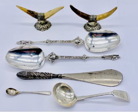 A pair of SCM anointing spoons, silver plated knife rests formed from antler, silver ladle etc.