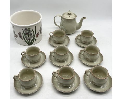 A Denby part tea set with teapot and eight cups and saucers along with a Portmeirion planter