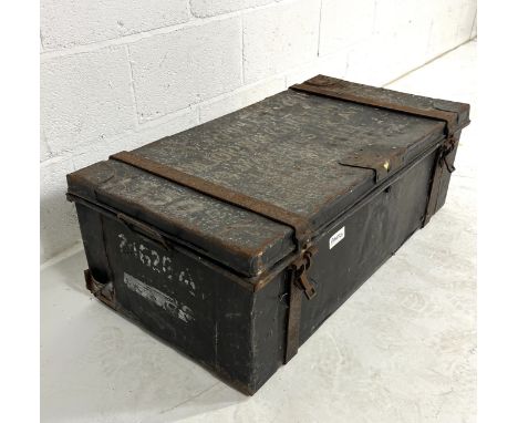 A large weathered vintage tin trunk, marked Major W A Knapton R.A.S.C (Royal Army Service Corps) 109357 20 Marlings Park Aven
