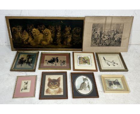 A large collection of pictures on the subject of cats including Louis Wain Oleograph print "Cats Chorus by Moonlight " etc.