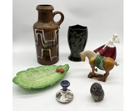 A collection of china including Poole Pottery owl, Royal Doulton "Gail", Tang style horse, Western German vase etc.