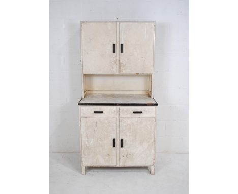 A retro kitchen cabinet, with top cupboard, enamel top, two drawers and cupboard under - length 87cm, depth 53cm, height 175.