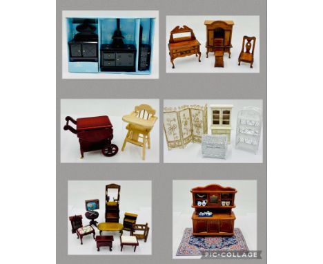 A collection of dolls house furniture including display cabinet, oven set, rug, dresser, chairs, high chair, stick stand etc