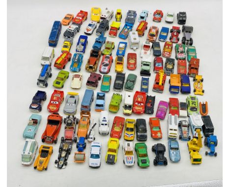 A collection of playworn die-cast vehicles including Matchbox, Mattel Disney Pixar, Oxford, Lesney, Majorette etc