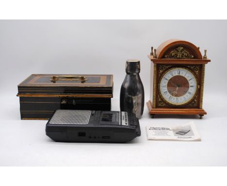 A mixed lot, including an oak bracket clock, Panasonic RQ-2102 cassette recorder, cash tin etc.