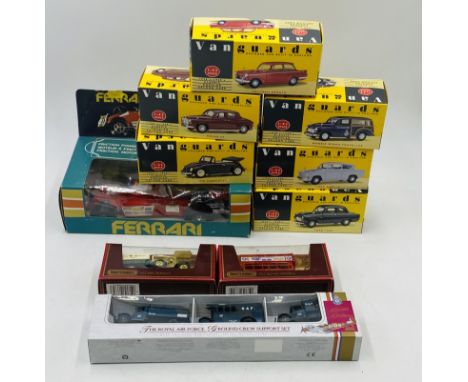 A collection of six boxed die-cast Vanguards Classic Popular Saloon Cars including a Rover P4, Triumph Herald, Morris Minor T