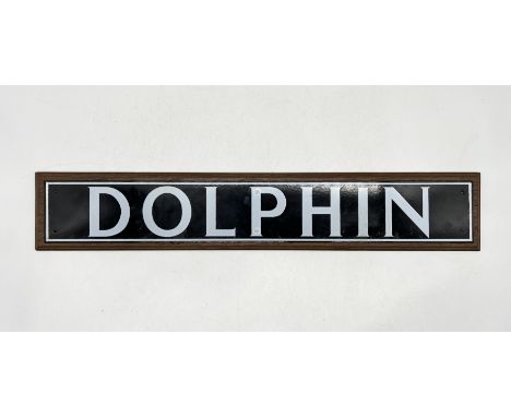A modern enamel "Dolphin" sign mounted on wooden board - 74cm x 14cm