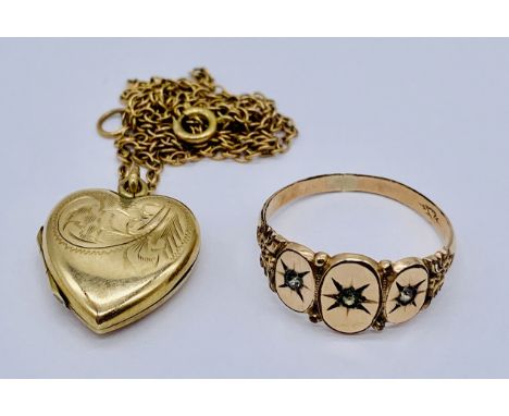 A tested 9ct gold ring size R along with a 9ct front and back locket on a 9ct gold chain ( total gold weight 3.8g)