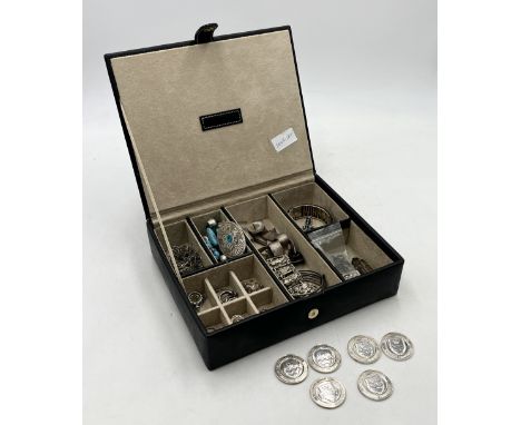 A collection of costume and silver jewellery including 6 hallmarked silver Greater London swimming medals (weight 168.8g) sil