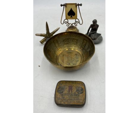 An Eastern brass bowl, bridge indicator, trench art etc.