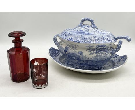 A Spode & Garrett "Old Spode" blue and white lidded tureen with dish and ladle along with a bohemian glass decanter (A/F)  an