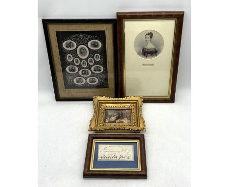 A framed signature of Queen Victoria, along with gilt framed family portrait and two others.