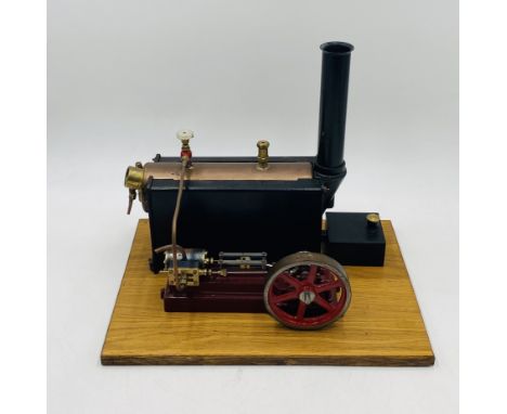 A vintage Stuart live steam engine, mounted to wooden base - untested