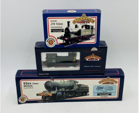 Three boxed Bachmann Branch-Line OO gauge locomotives including a GWR 93XX Class locomotive (9319) with tender in green liver