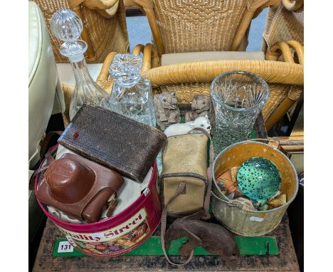 A vintage green painted wooden &amp; metal–bound travelling trunk with a fitted interior enclosed by a hinged lift-lid, 77cm 