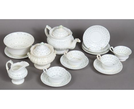 A late 19th/early 20th century child’s fifteen-piece part tea service of white ground &amp; with green geometric design, part