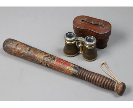 An antique painted constable’s truncheon (worn), 29cm long; &amp; a pair of opera glasses, cased.