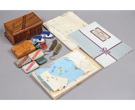 An inlaid mahogany rectangular trinket box with a hinged lift-lid &amp; with a faux row-of-books front, 23.25cm wide; togethe
