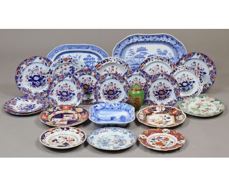 A 19th century Spode blue &amp; white square serving bowl decorated with the bridge at Lucano; two Spode blue &amp; white mea