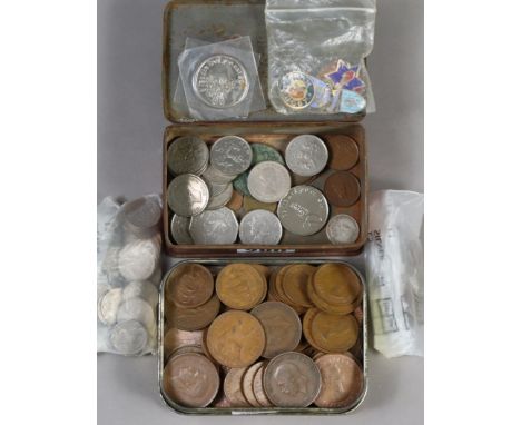 Eleven silver 3d coins, Victoria to Geo. VI; various British &amp; foreign coins; enamel badges, etc.