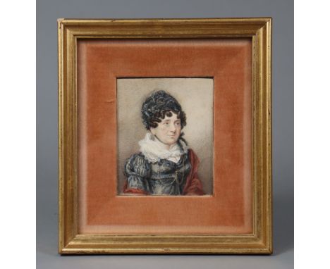 JAMES WARREN CHILDE (1778-1862) A portrait miniature of a lady, wearing a dark blue dress &amp; red shawl, signed “Childe” lo