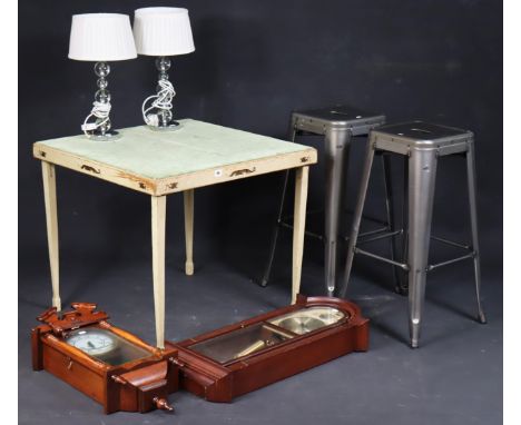 A painted wooden card table inset green baize, &amp; on square fold-away legs, 76.5cm wide; together with a pair of bar stool