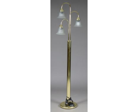 A modern brass standard lamp fitted with three frosted-glass shades, 168cm high; together with various items of metalware, et