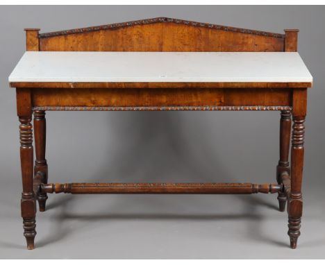 A Victorian pollard oak side table with architectural back &amp; later marble-top, fitted end drawer, on four ring-turned tap