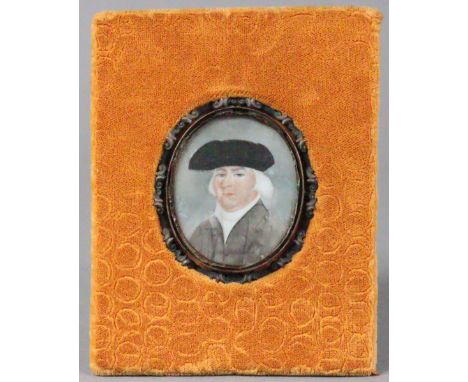 ENGLISH SCHOOL, 18th century. A portrait miniature of a gentleman, wearing a black felt hat &amp; grey jacket, 5.5cm x 4.5cm 