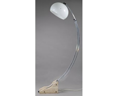 A 1970s Italian large arc floor lamp with telescopic aluminium frame &amp; a white perspex shade, &amp; on a travertine foot.
