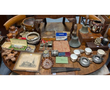 A treen fruit bowl, 29.25cm diameter; an embossed plated jardinière; three treen trinket boxes; &amp; sundry other items.