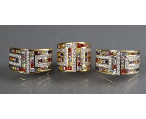 A rainbow sapphire &amp; zircon-set silver-gilt ring, size M; &amp; a pair of matching earrings.