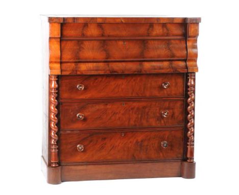 VICTORIAN MAHOGANY SCOTCH CHEST OF FIVE DRAWERS, WITH BARLEY TWIST COLUMNS & TURNED HANDLES.HEIGHT: 52 INCHESWIDTH: 48 INCHES