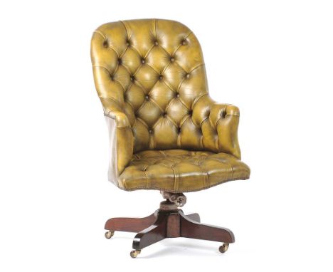 LEATHER UPHOLSTERED, DEEP BUTTON, SWIVEL DESK CHAIR.HEIGHT: 44 INCHESWIDTH: 27 INCHESDEPTH: 18 INCHESGOOD CONDITION