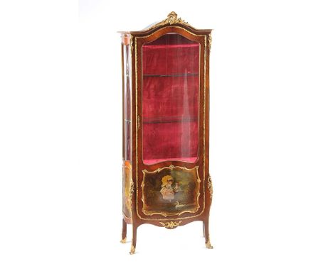 BOW FRONT FRENCH VITRINE WITH GILT METAL MOUNTS & PAINTED PANEL, FITTED WITH TWO GLASS SHELVES.HEIGHT: 70 INCHESWIDTH: 25 INC