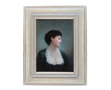 ENRICO SCIFONI 'PORTRAIT OF A GIRL IN A GREEN DRESS'OIL ON BOARD IN CREAM FRAME 16 X 11 INCHES SIGNED GOOD CONDITION 