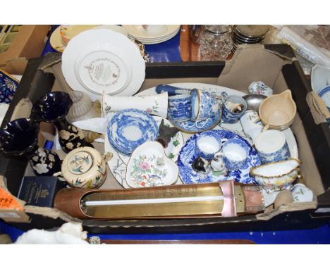 BOX CONTAINING TEA WARES, OVAL MEAT PLATE, LARGE BRASS THERMOMETER, ETC