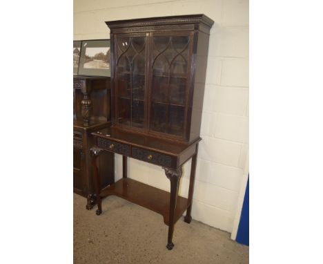 EDWARDIAN MAHOGANY SIDE CABINET WITH GLAZED TOP SECTION OVER A BASE WITH TWO DRAWERS AND A SHELF, DECORATED THROUGHOUT WITH B