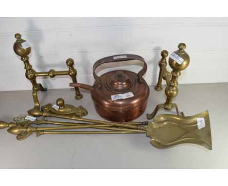 SET OF BRASS FIRE TOOLS AND FIRE DOGS AND A COPPER KETTLE