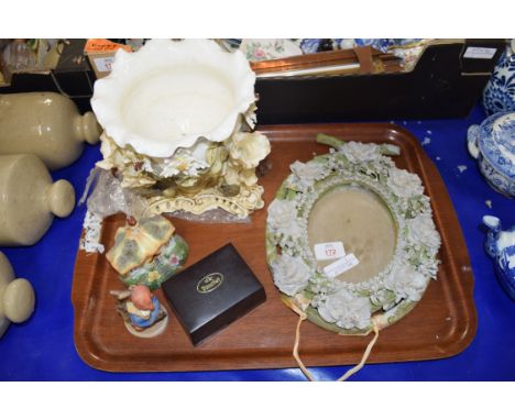 MIXED LOT: SMALL WALL MIRROR WITH FLORAL ENCRUSTED DETAIL, A MOORE BROS FLORAL ENCRUSTED JARDINIERE (A/F), SMALL GOEBEL FIGUR