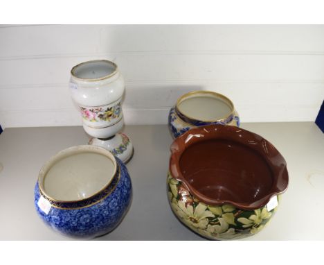 ALLER VALE JARDINIERE TOGETHER WITH A ROYAL DOULTON GILT DECORATED JARDINIERE, A BLUE AND WHITE JARDINIERE AND A VICTORIAN OI
