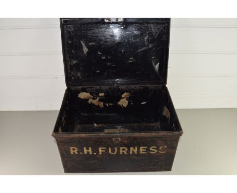 SMALL PAINTED METAL TRUNK MARKED "R H FURNESS" TO FRONT