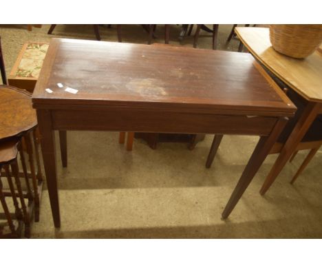MAHOGANY RECTANGULAR FOLD TOP CARD TABLE ON TAPERING LEGS, 91CM WIDE