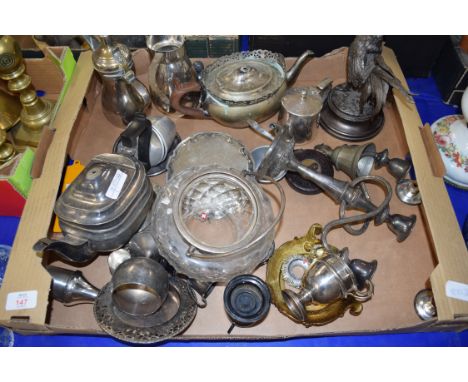 MIXED LOT: SILVER PLATED TEA WARES, CANDELABRA, BRONZED MODEL OF A COCKEREL, CLEAR GLASS BISCUIT BARREL ETC