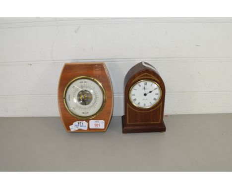 20TH CENTURY ANEROID BAROMETER TOGETHER WITH A SMALL RAPPORT MAHOGANY CASED MANTEL CLOCK WITH QUARTZ MOVEMENT