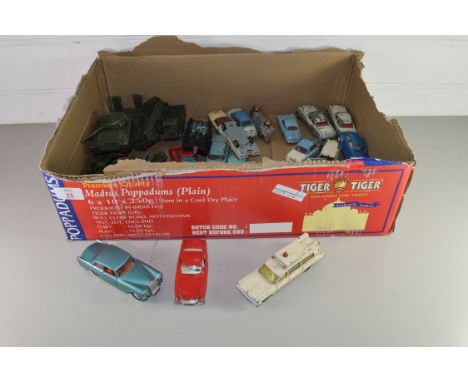 BOX OF VINTAGE TOY VEHICLES TO INCLUDE A RANGE OF DINKY MILITARY VEHICLES, CORGI BATMOBILE, CORGI THUNDERBIRD ETC