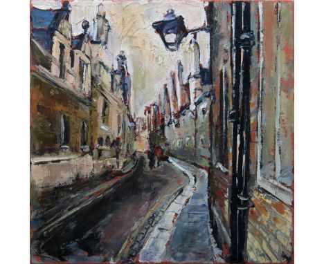 Susan Isaac, "Trinity Lane, Cambridge", oil on canvas, 30 x 30cm, 2021. Trinity Lane quietly meanders between Trinity and Gon