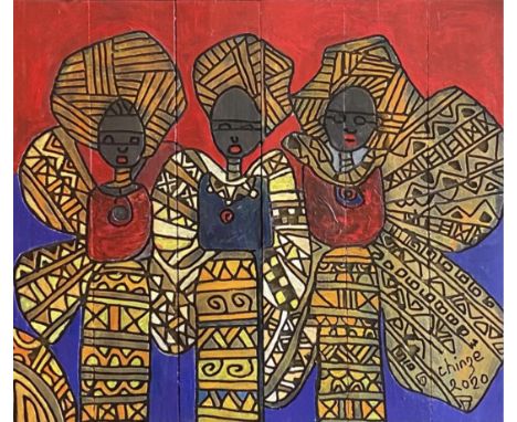 Chinze Ojobo, "Friends for Life", acrylic on carved wood, 135 x 120cm, 2020. Best friends are priceless treasures. True frien